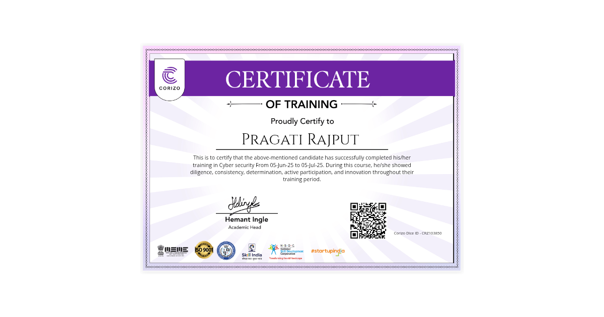 Pragati Rajput | Corizo Training Certificate | Corizo Edutech