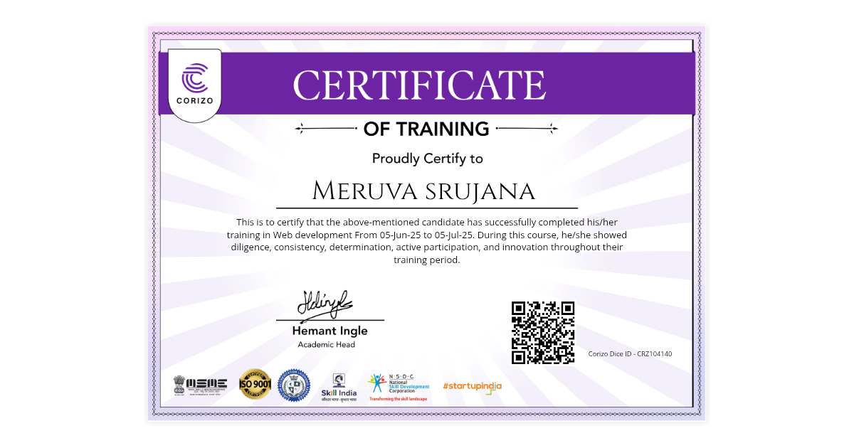 Meruva srujana | Corizo Training Certificate | Corizo Edutech
