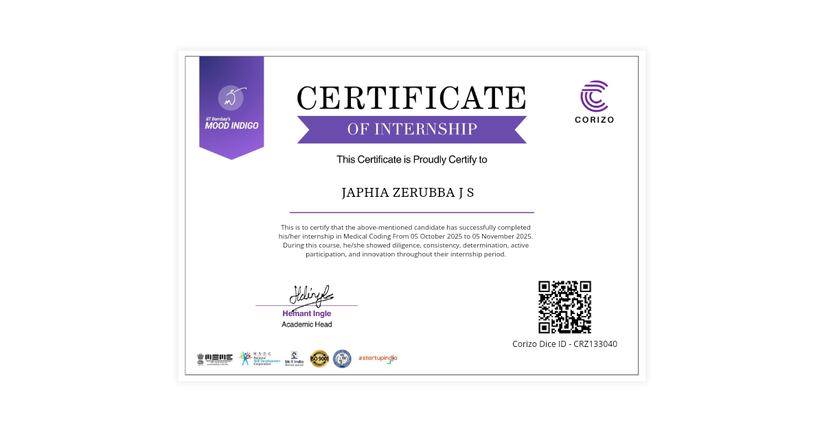 JAPHIA ZERUBBA J S | Internship Certificate Corizo | Corizo Edutech