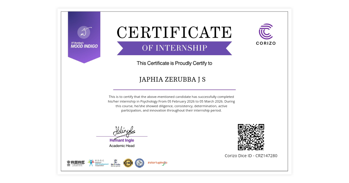 JAPHIA ZERUBBA J S | Internship Certificate Corizo | Corizo Edutech
