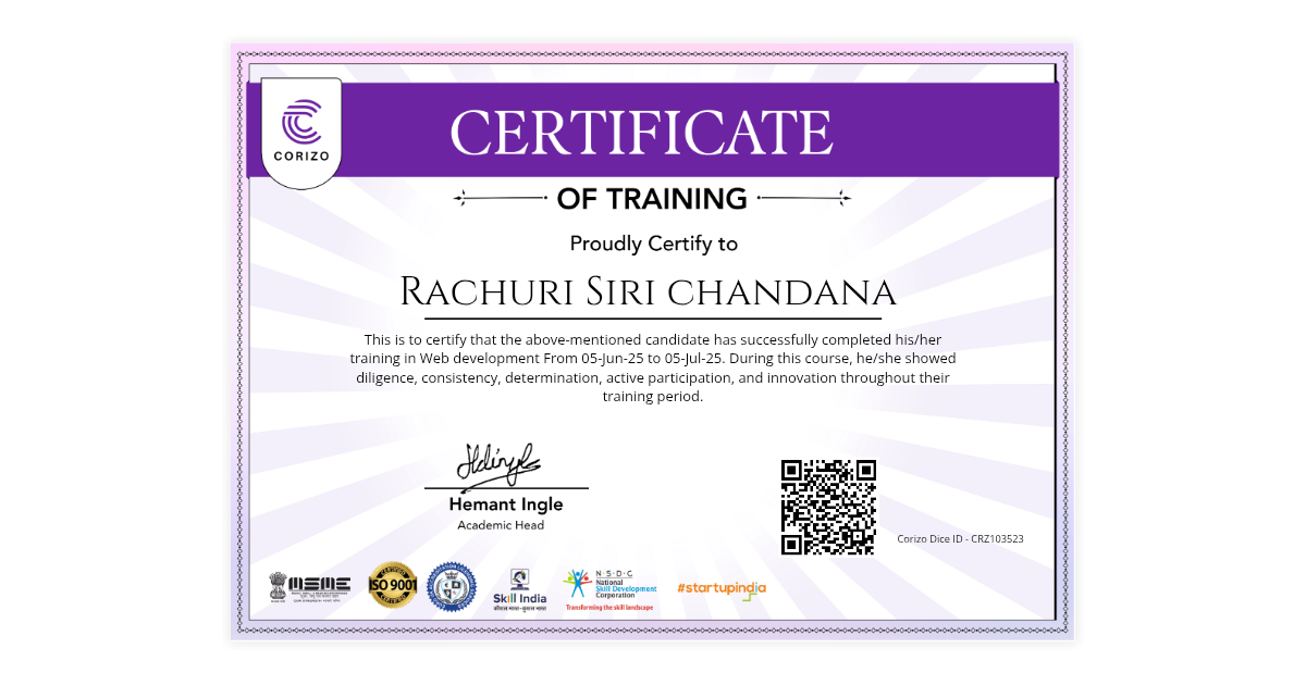 Rachuri Siri chandana | Corizo Training Certificate | Corizo Edutech