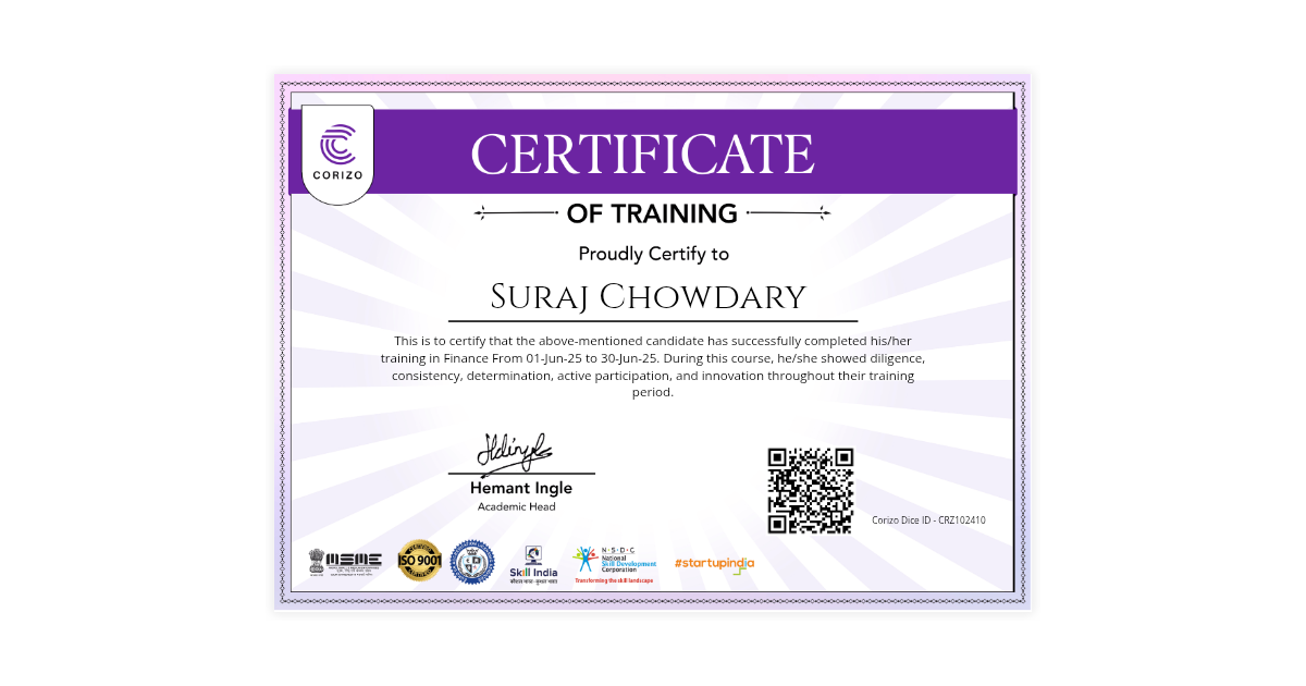 Suraj Chowdary | Corizo Training Certificate | Corizo Edutech