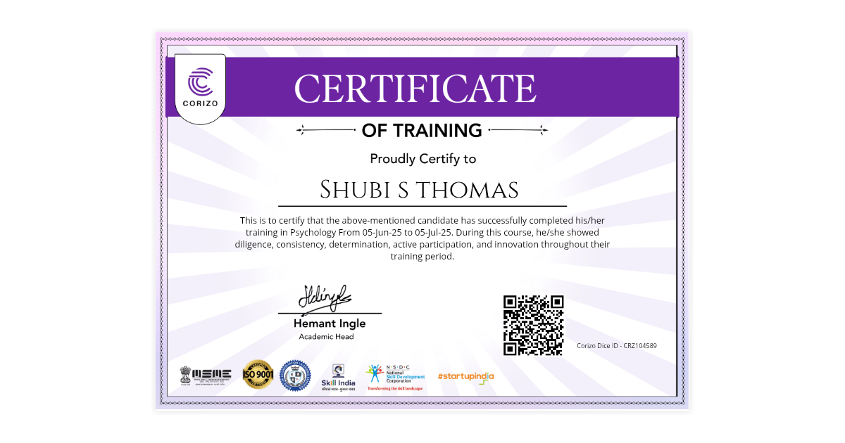 Shubi s thomas | Corizo Training Certificate | Corizo Edutech