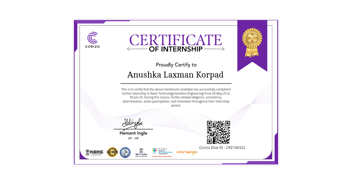 Anushka Laxman Korpad | Corizo Internship Certificate | Corizo Edutech