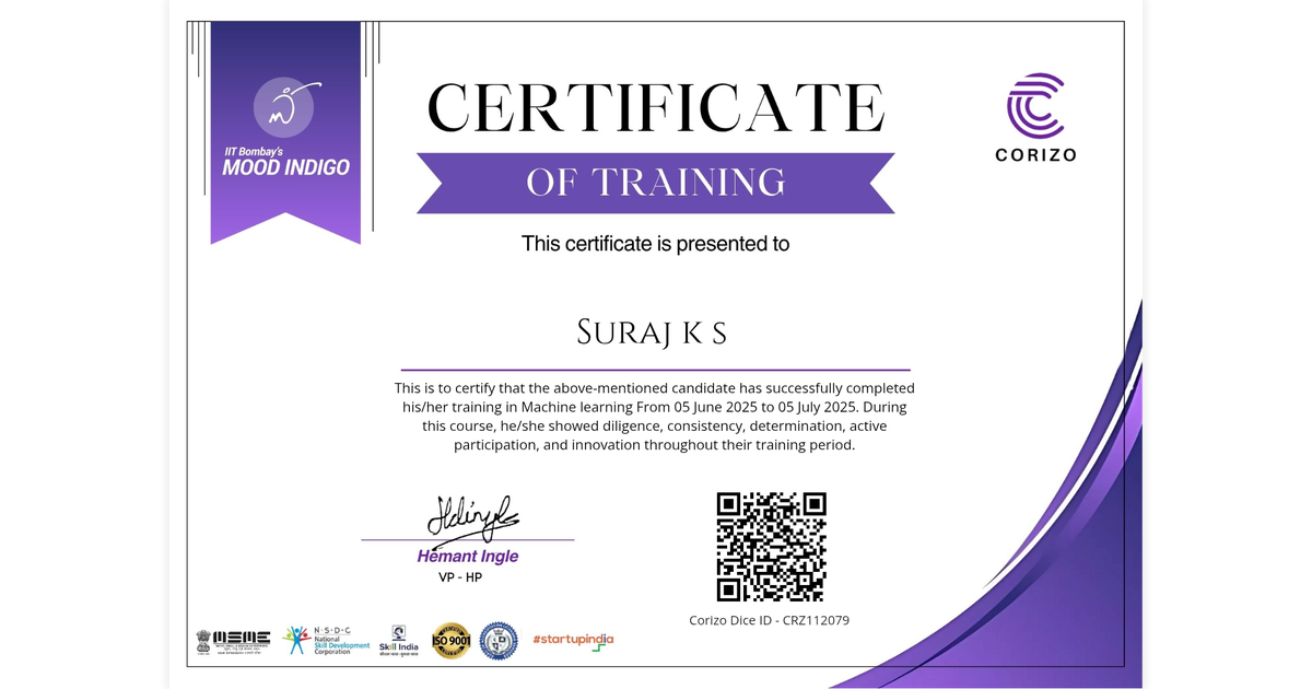 Suraj k s | Training Certificate Corizo | Corizo Edutech